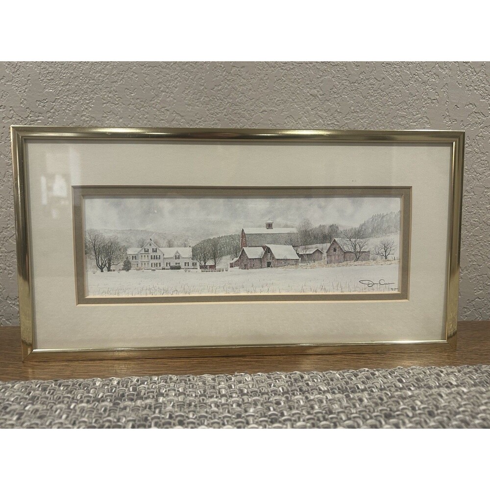 Jon Crane Winter Barn Scene Framed Art Gold Frame Country Snow 14 x 7.5